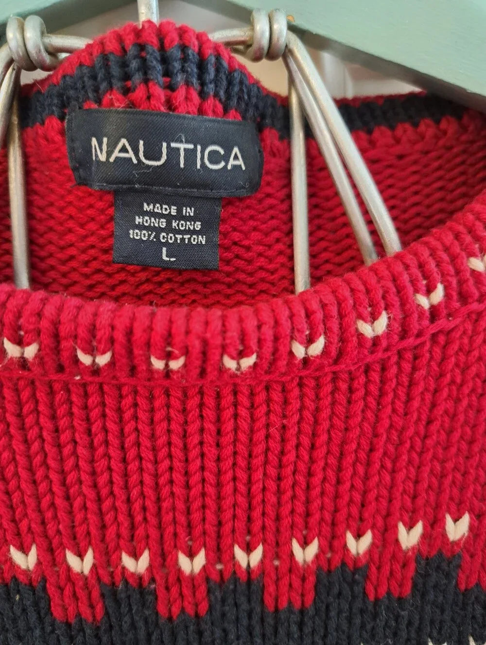 NAUTICA Men's Red, Navy & Cream Fair Isle Crewneck Sweater